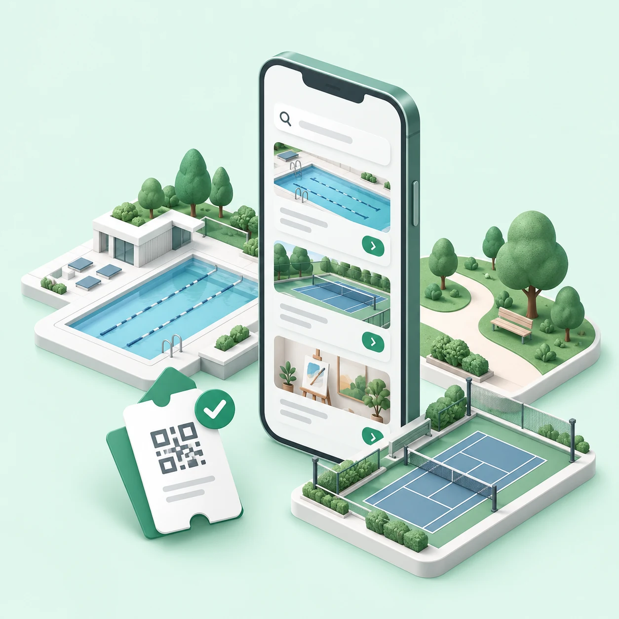 3D illustration of a sports facility app on a smartphone beside pools, tennis courts, greenery, and a QR ticket.