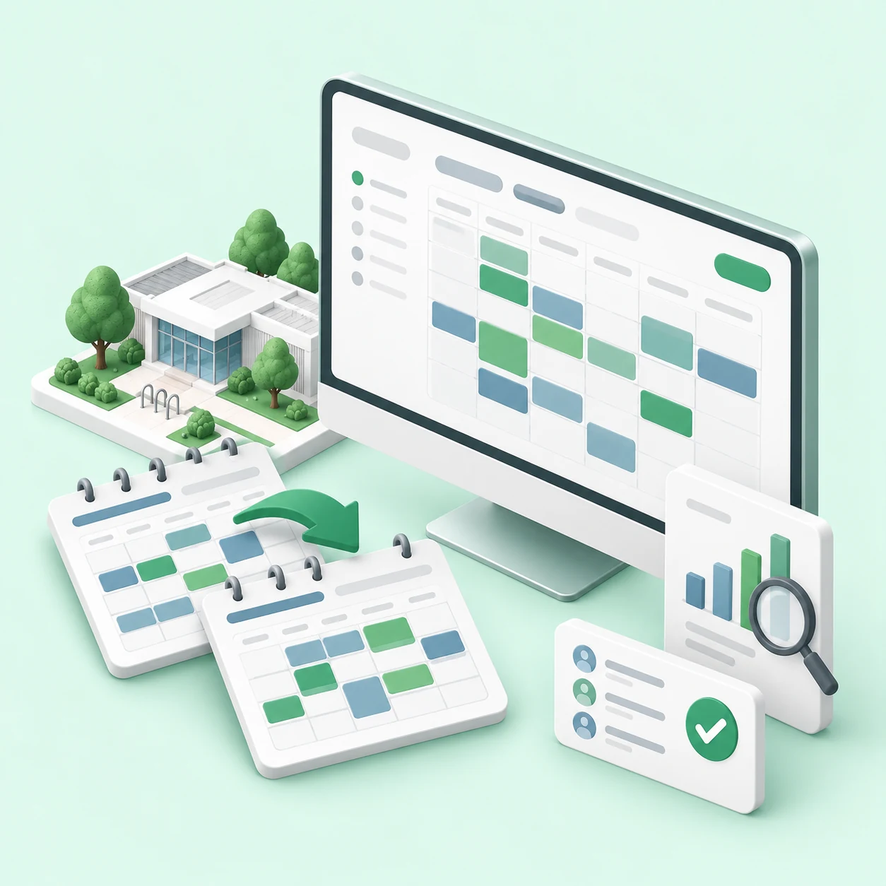 3D illustration of calendars, a scheduling monitor, a building, analytics chart, and task card.