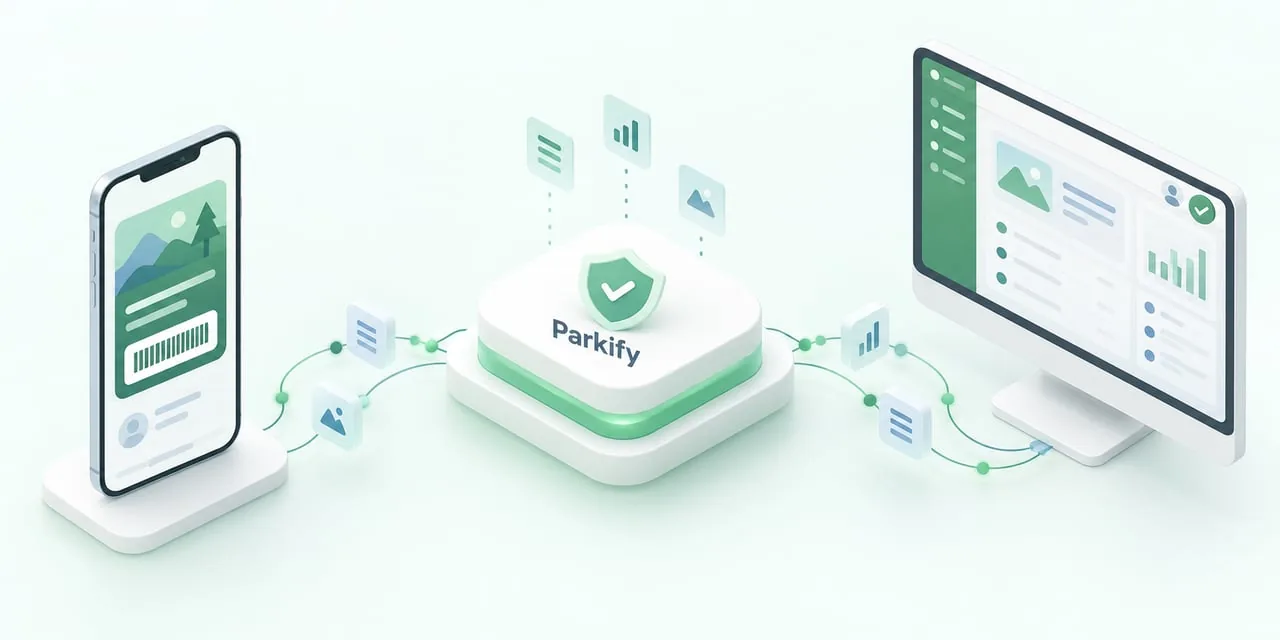 3D illustration of Parkify connecting a smartphone, central security platform, and desktop dashboard.