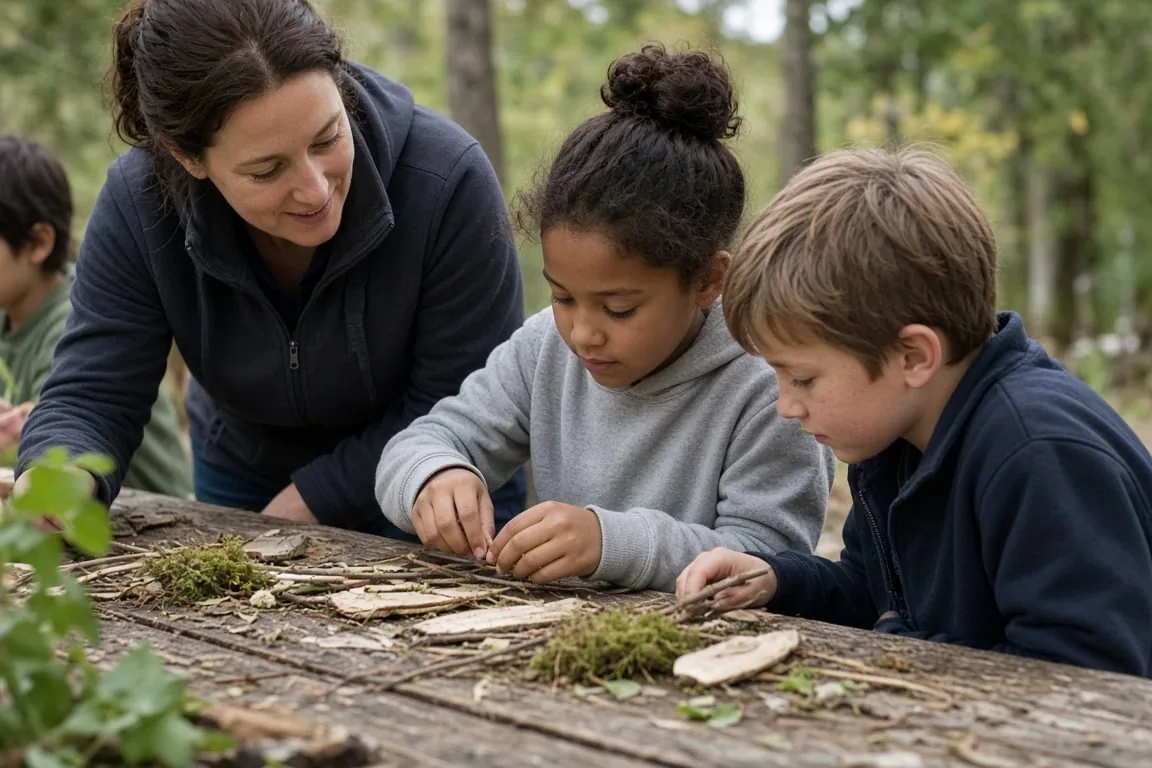 Adult and two children examine sticks, bark, leaves, and moss on a wooden table in a forest.