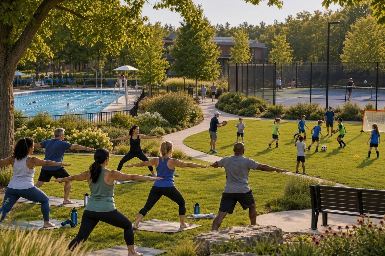 Adults practice yoga beside a swimming pool while children play soccer and people use a fenced court.