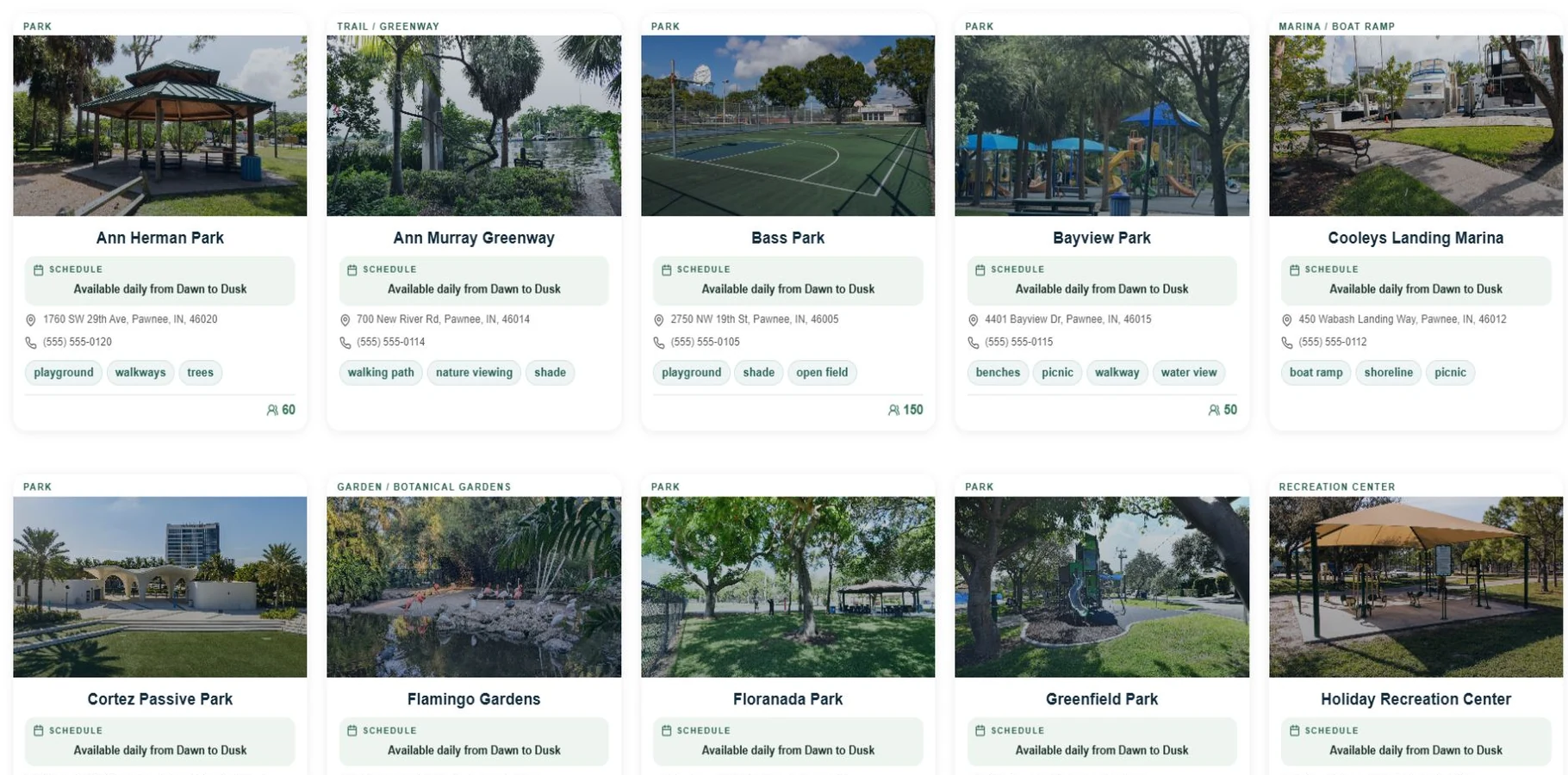 Facility directory showing five columns of park and recreation listings and part of a second row.