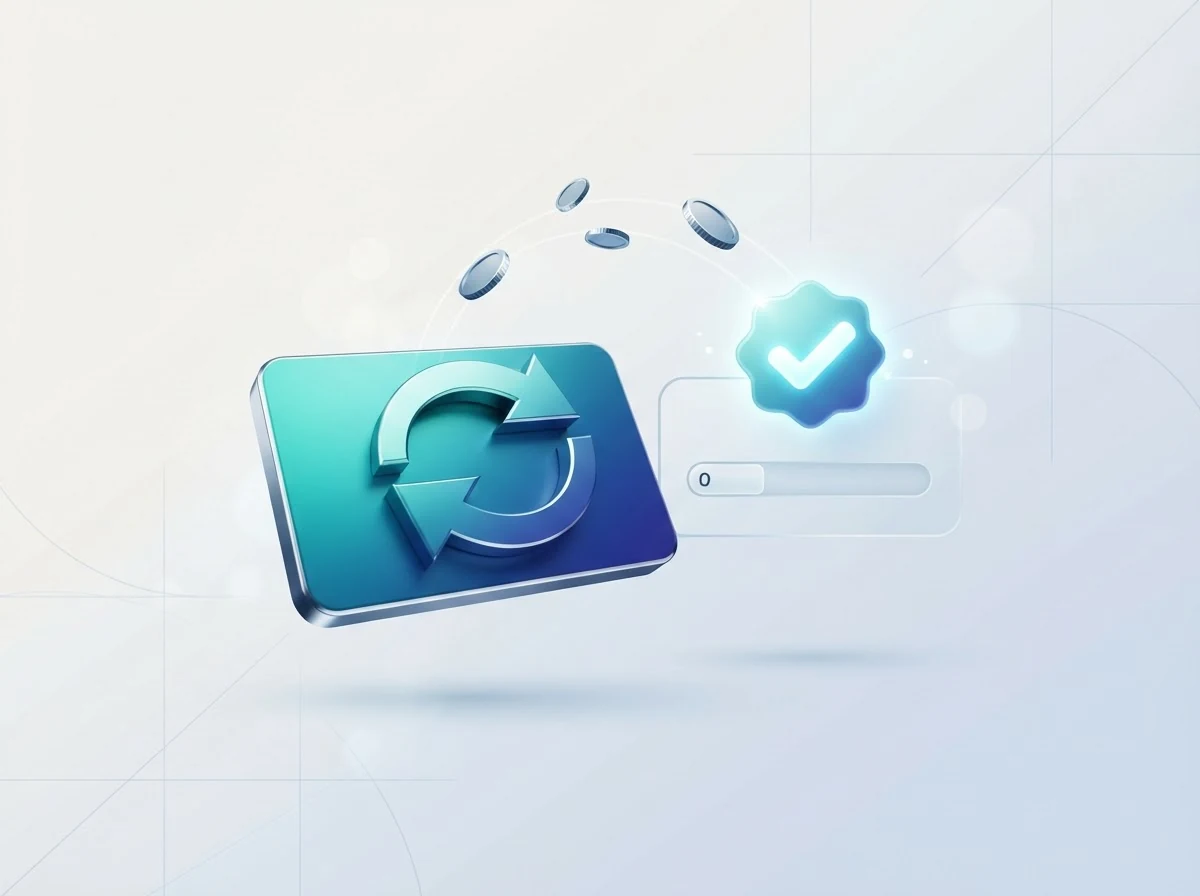 Futuristic illustration of a refresh card, floating coins, a checkmark badge, and a progress bar labeled “0”.