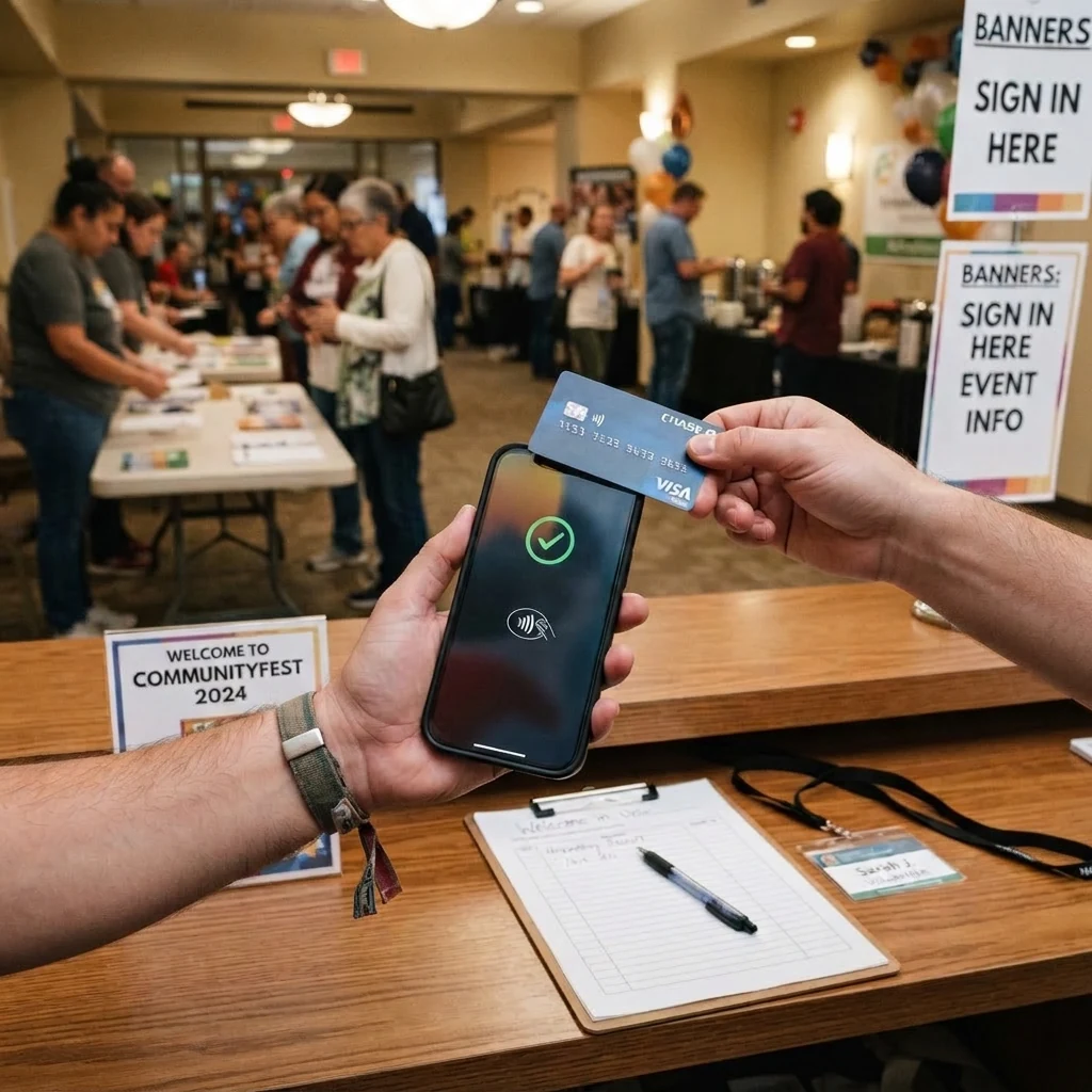 Hands hold a contactless payment card over a phone showing “Approved” at a busy community event.