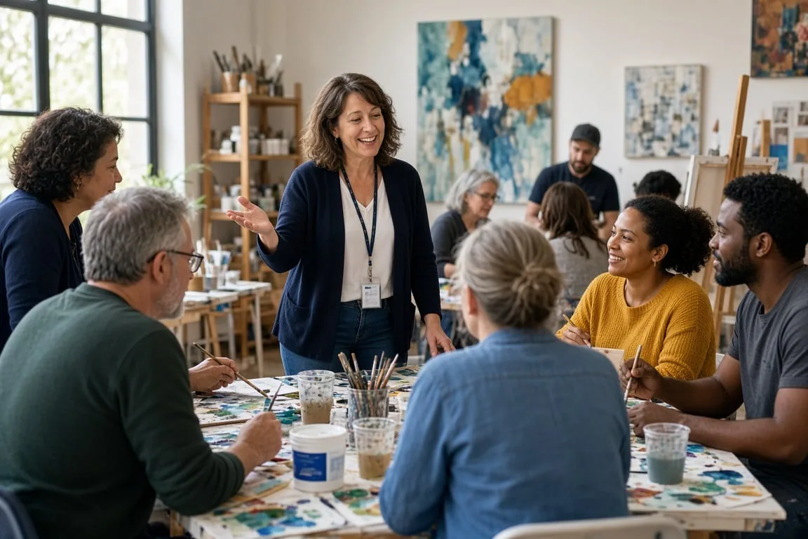 Instructor leads adults painting together around a paint-covered table in a bright art studio.