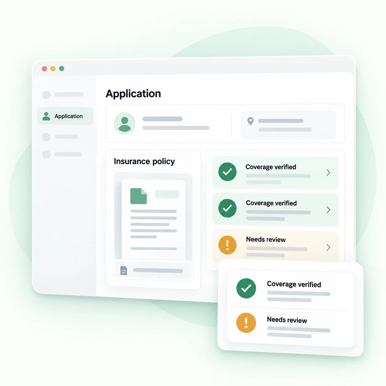 Illustration of a rental application with an attached insurance policy, green coverage checks, and amber items needing review.