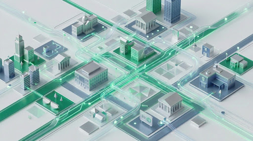 Isometric city block illustration representing municipal infrastructure.