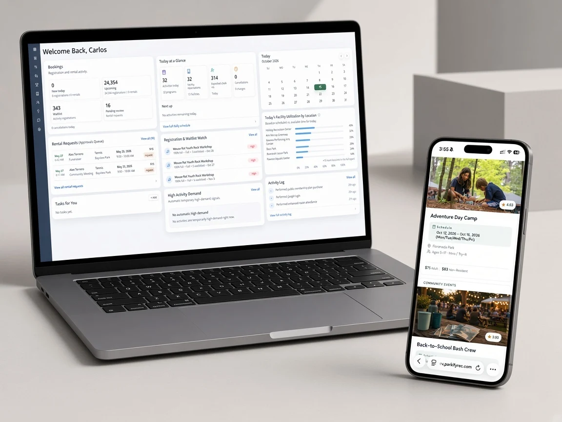 Laptop dashboard and smartphone showing recreation scheduling and community event listings.