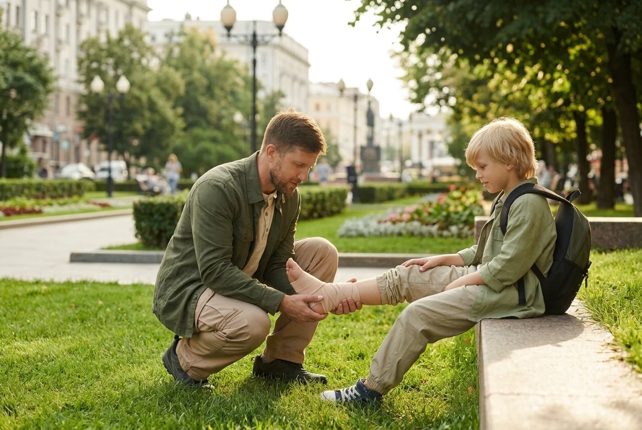 Man kneels on park grass while tending a bandaged boy’s extended ankle beside a bench.