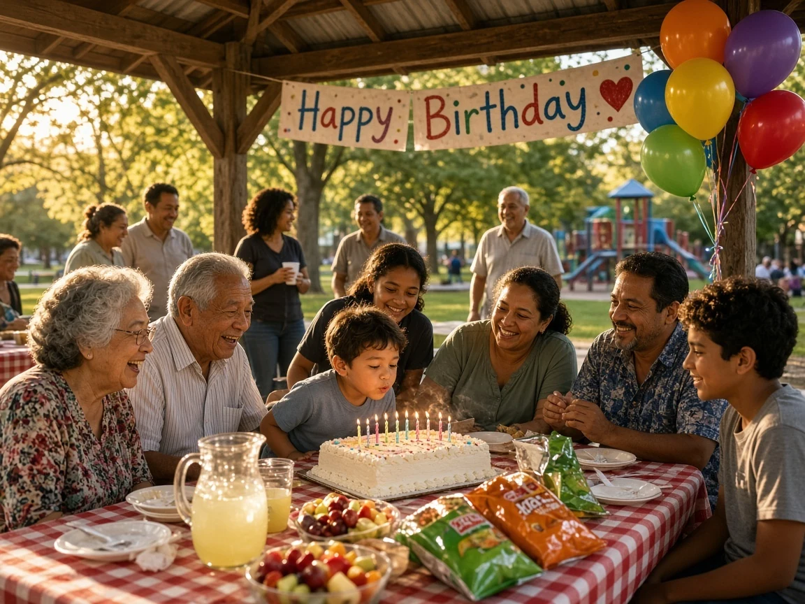 Multigenerational family celebrates a birthday around a candle-covered cake at a park picnic table.