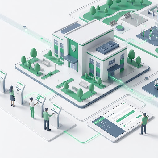 Isometric illustration of a community center with residents using digital registration tools