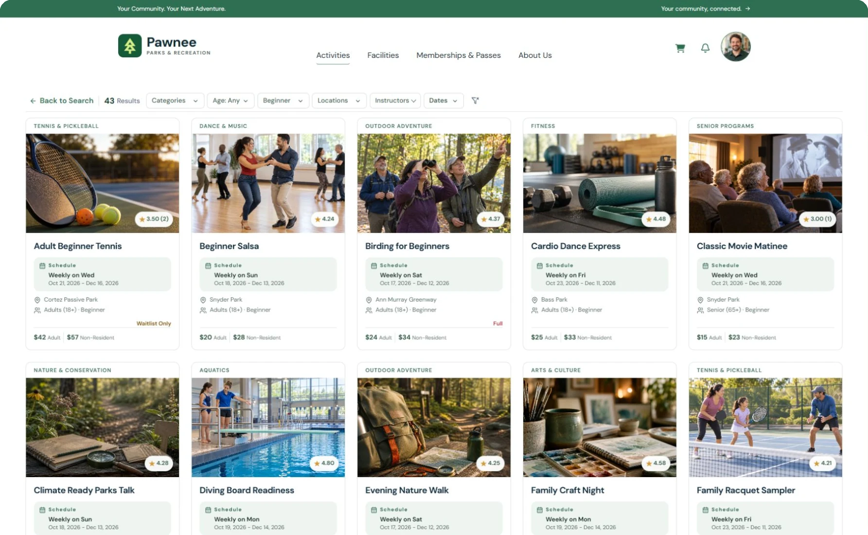 Pawnee Parks & Recreation registration page showing five columns of programs and part of a second row.