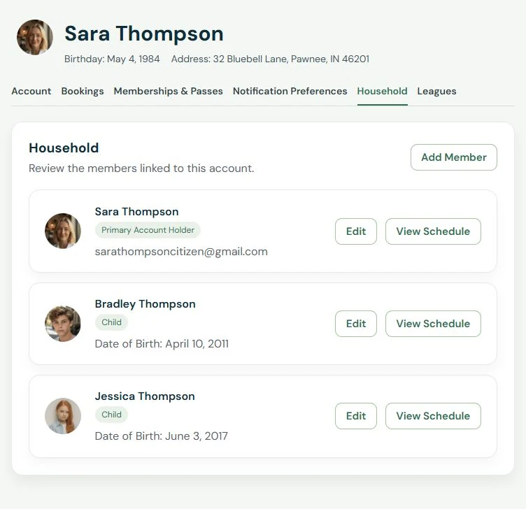 Sara Thompson member profile with Household selected and linked child member cards.