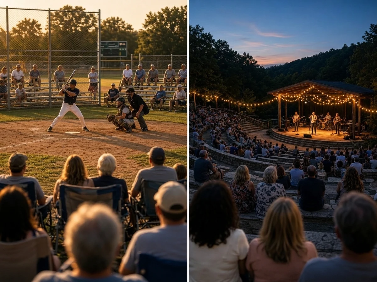 Split scene showing a sunset baseball game on the left and a lit outdoor concert amphitheater on the right.