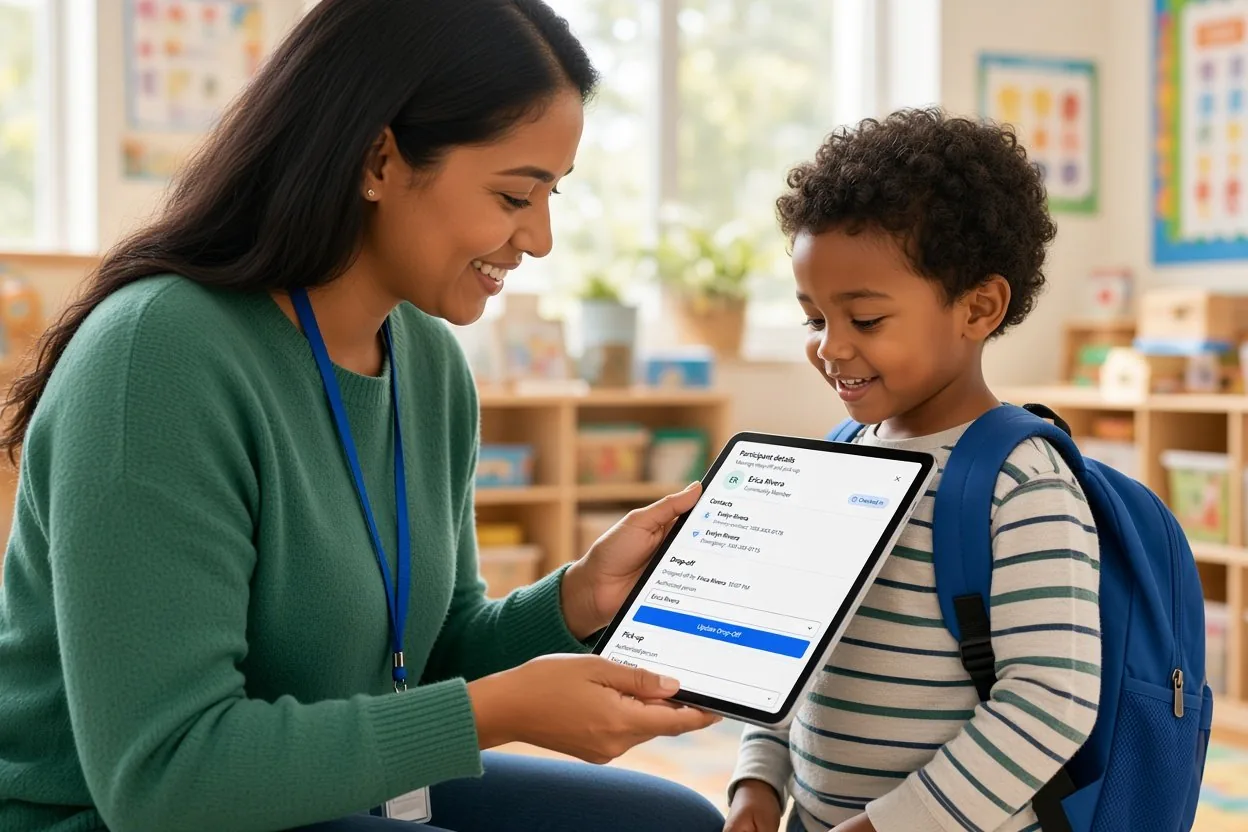 Teacher shows a tablet form to a smiling child wearing a blue backpack in a classroom.