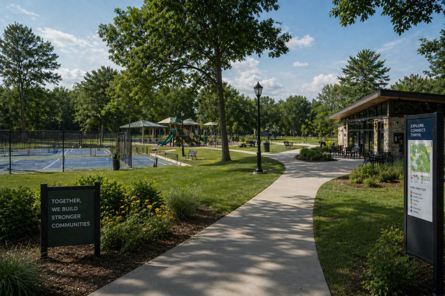A modern public park with paths, courts, green space, and a community building