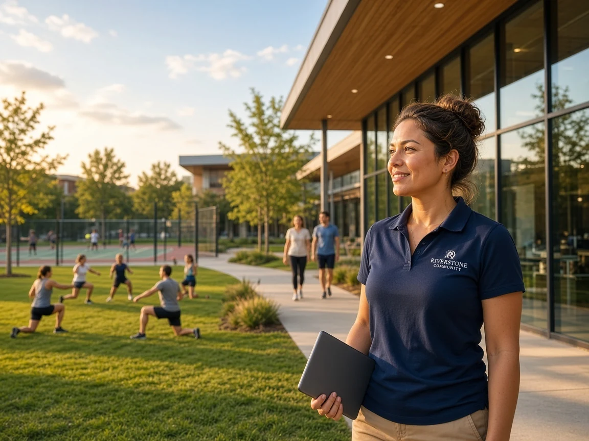 Woman holding a tablet outside a modern community center while people exercise on a lawn.